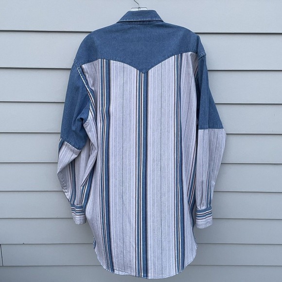 VTG Wrangler Shirt Blue Denim Stripe Brushpopper Western X-Long Tails 17.5/35 XL - Picture 2 of 12